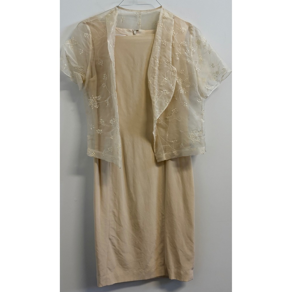 Talbots Silk Sheath Dress Set 10 Champagne Embroidered Bolero Jacket 2 Piece